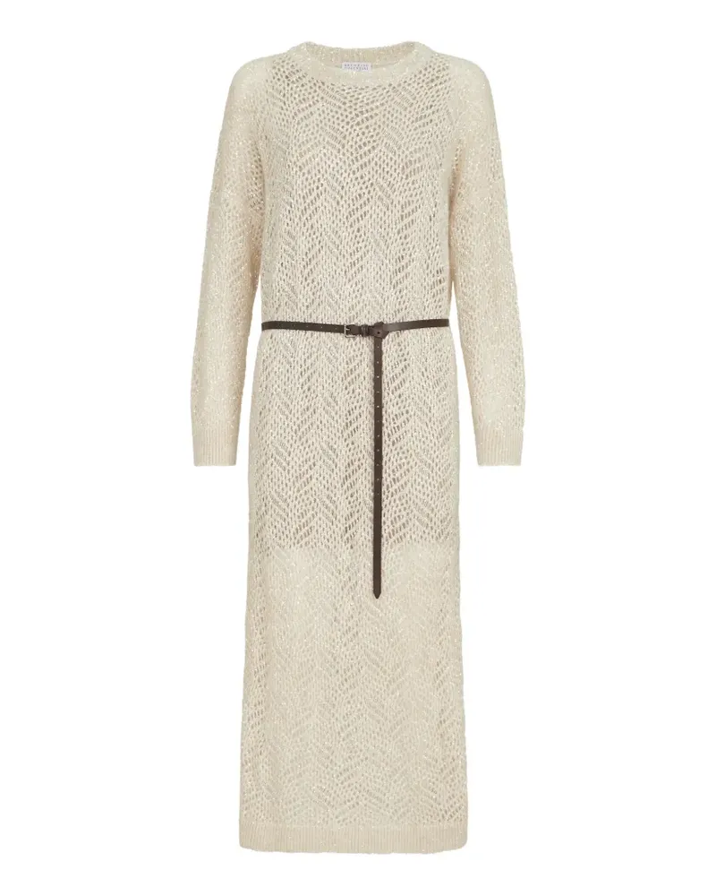 Brunello Cucinelli Strickkleid aus Mohair-Wollgemisch mit abstraktem Blättermuster und funkelnden Details - Nude Nude