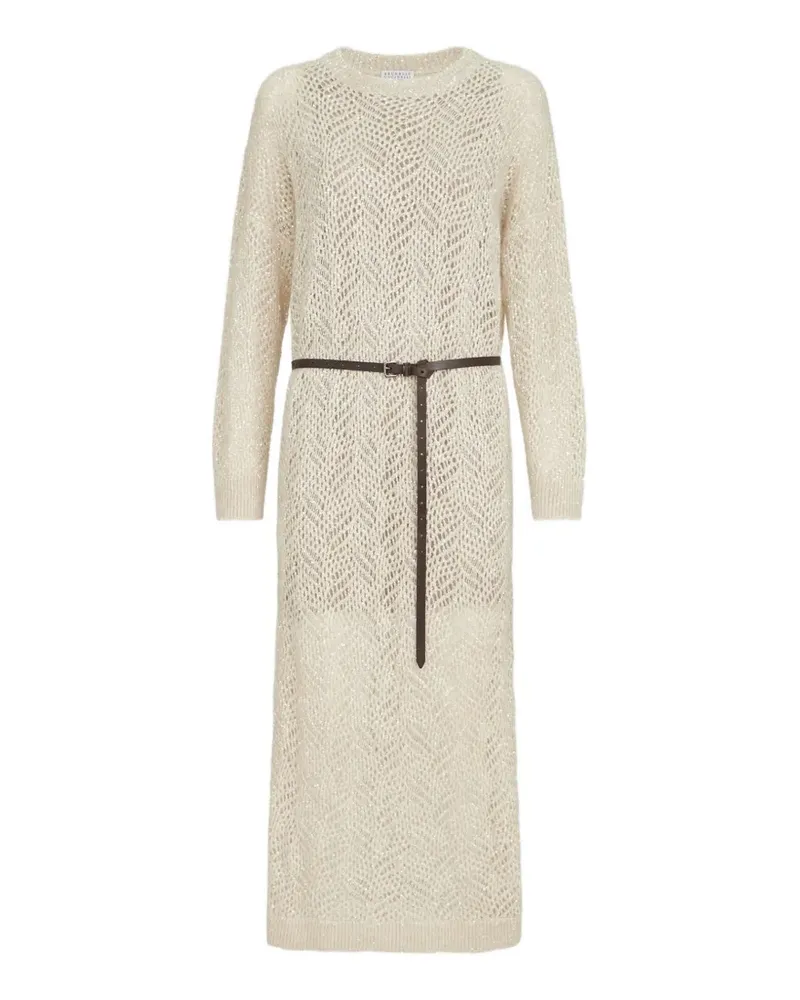 Brunello Cucinelli Strickkleid aus Mohair-Wollgemisch mit abstraktem Blättermuster und funkelnden Details - Nude Nude