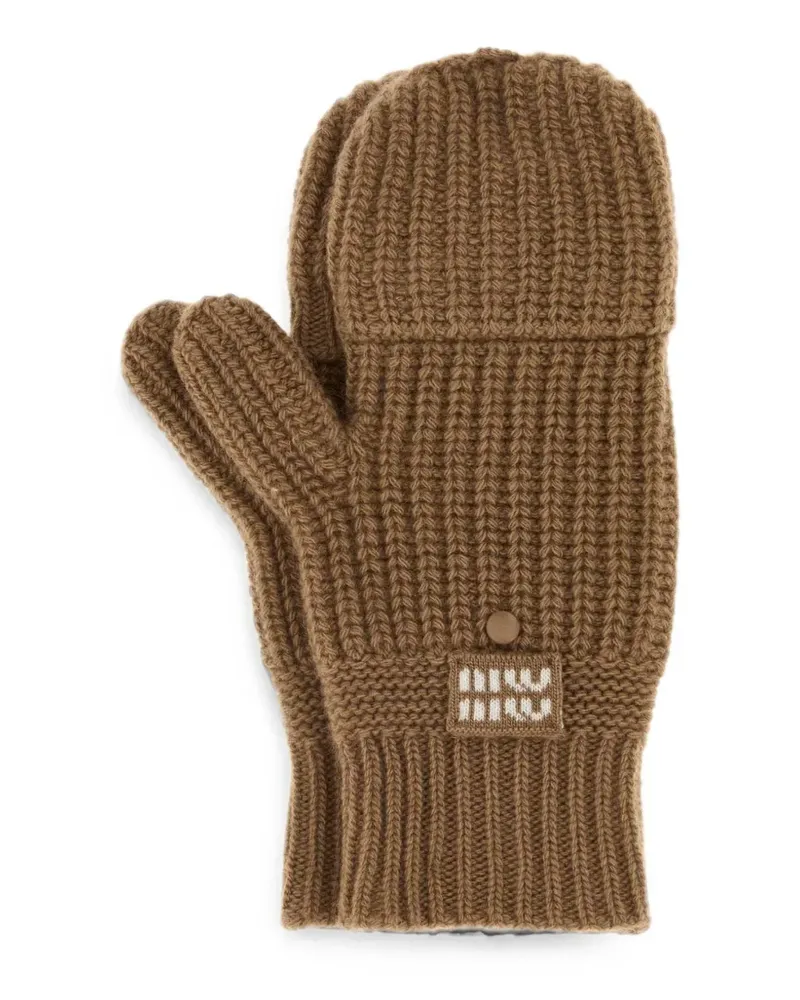 Miu Miu Gerippte Handschuhe mit Logo-Patch - Braun Braun