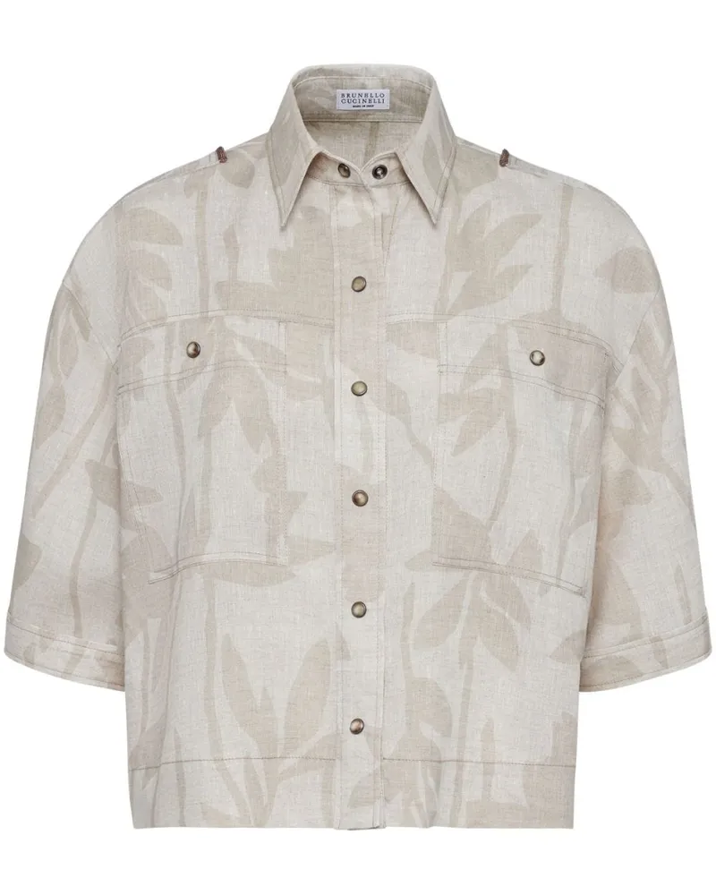 Brunello Cucinelli Leinenhemd mit Blatt-Print - Nude Nude