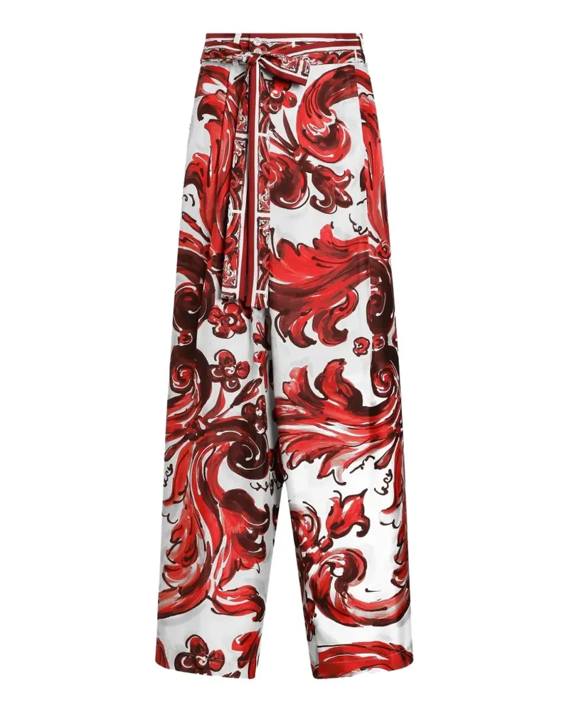 Dolce & Gabbana Hose aus Seidentwill mit Majolica-Print - Weiß Weiß