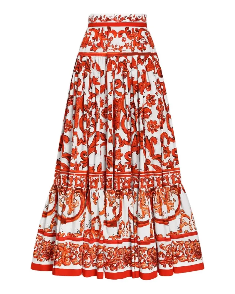 Dolce & Gabbana Langer Rock aus Popeline mit Majolica-Print - Weiß Weiß