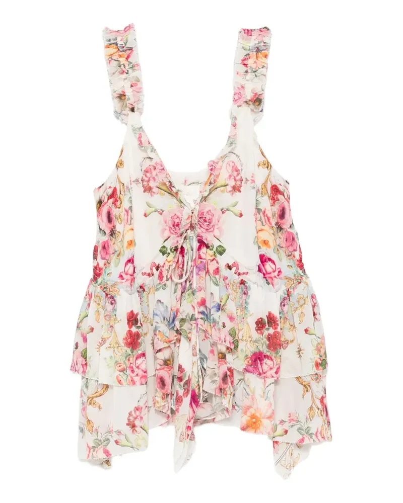 Camilla Gerüschtes Top mit Blumenprint - Weiß Weiß
