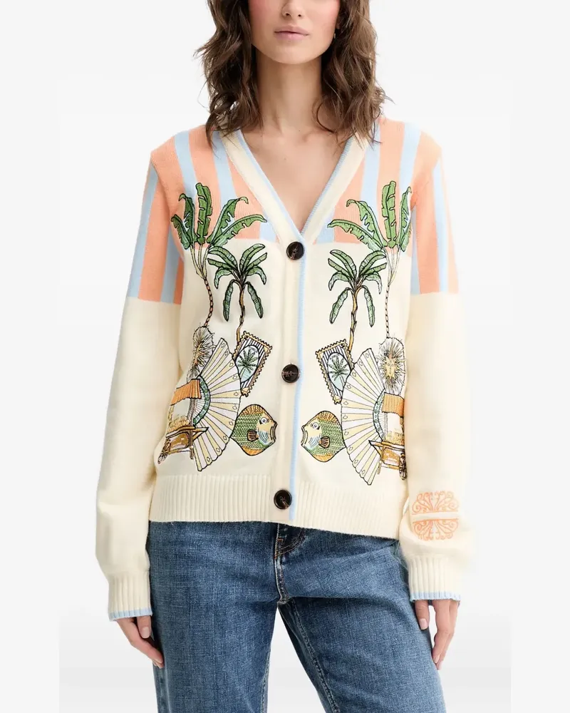 Never Fully Dressed striped-detail palm-tree cardigan - Nude Nude