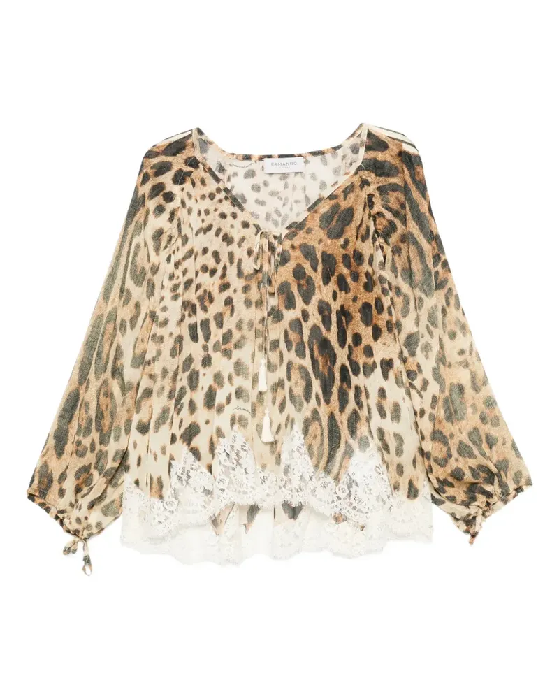 Ermanno Scervino Georgette leopard-pattern lace-trim blouse - Nude Nude
