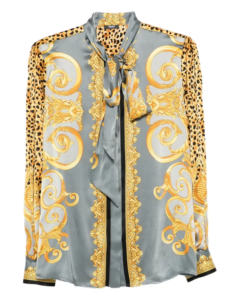 Versace Lavalière-Seidenhemd mit Geparden-Schal - Grau Grau