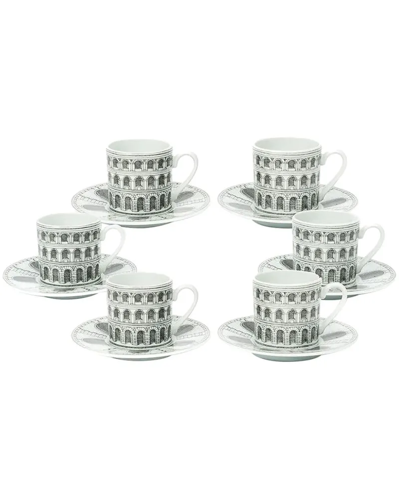 Fornasetti Set aus sechs Kaffeetaschen mit Print Weiß