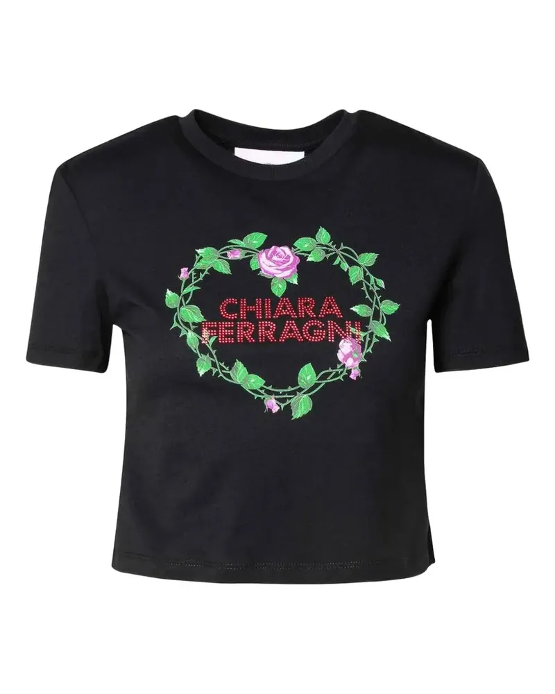 Chiara Ferragni T-Shirt mit Blumenprint und Strass-Logo - Schwarz Schwarz