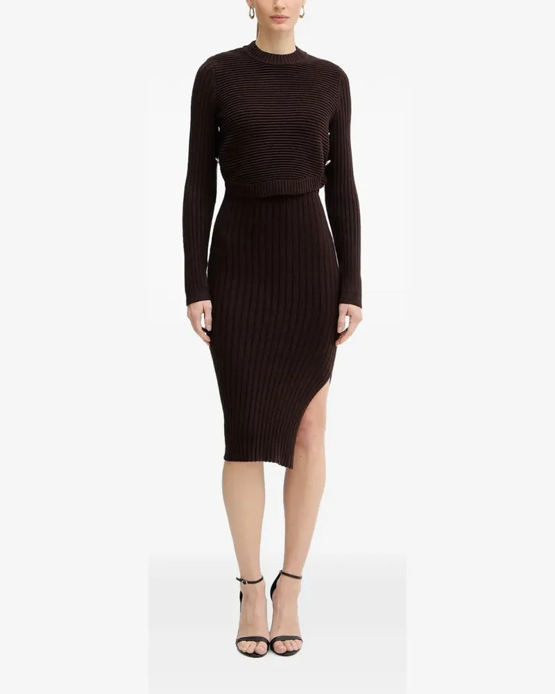 Morgan Geripptes Strick-Midikleid mit Seitenschlitz - Braun Braun
