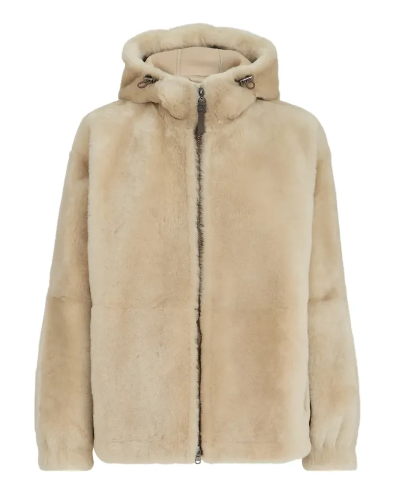 Brunello Cucinelli Outerwear-Jacke aus weichem Shearling mit glänzendem Reißverschluss - Nude Nude