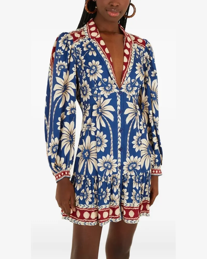 FARM Rio Geblümtes Kleid mit Knöpfen - Blau Blau