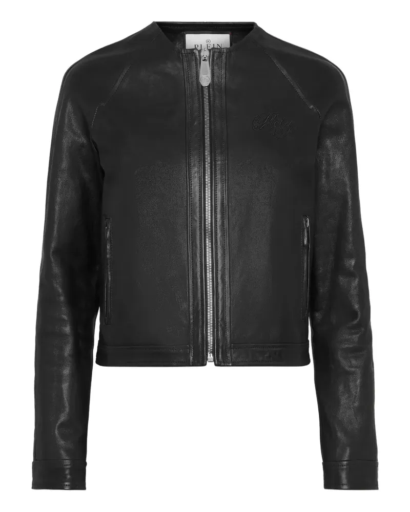 Philipp Plein Lederjacke mit Logo-Stickerei - Schwarz Schwarz