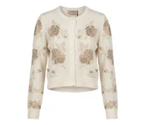 Puffärmel-Cardigan aus Blumenjacquard - Nude