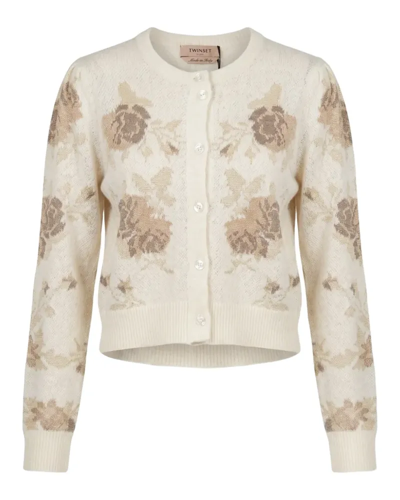 Twin-Set floral-jacquard puff-sleeve cardigan - Nude Nude