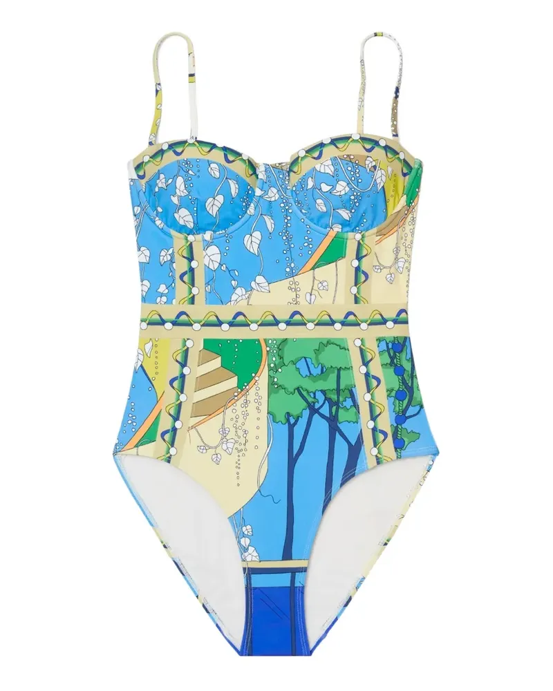 Tory Burch graphic-print underwired swimsuit - Blau Blau