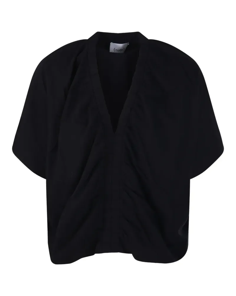 NUDE Gerafftes T-Shirt mit V-Ausschnitt - Schwarz Schwarz