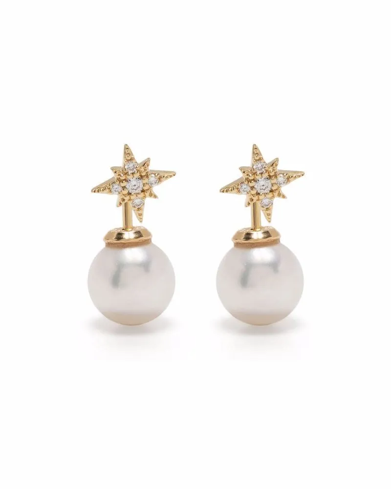MIZUKI Kleine 14kt Gelbgold-Perlenohrringe mit Diamanten Gold
