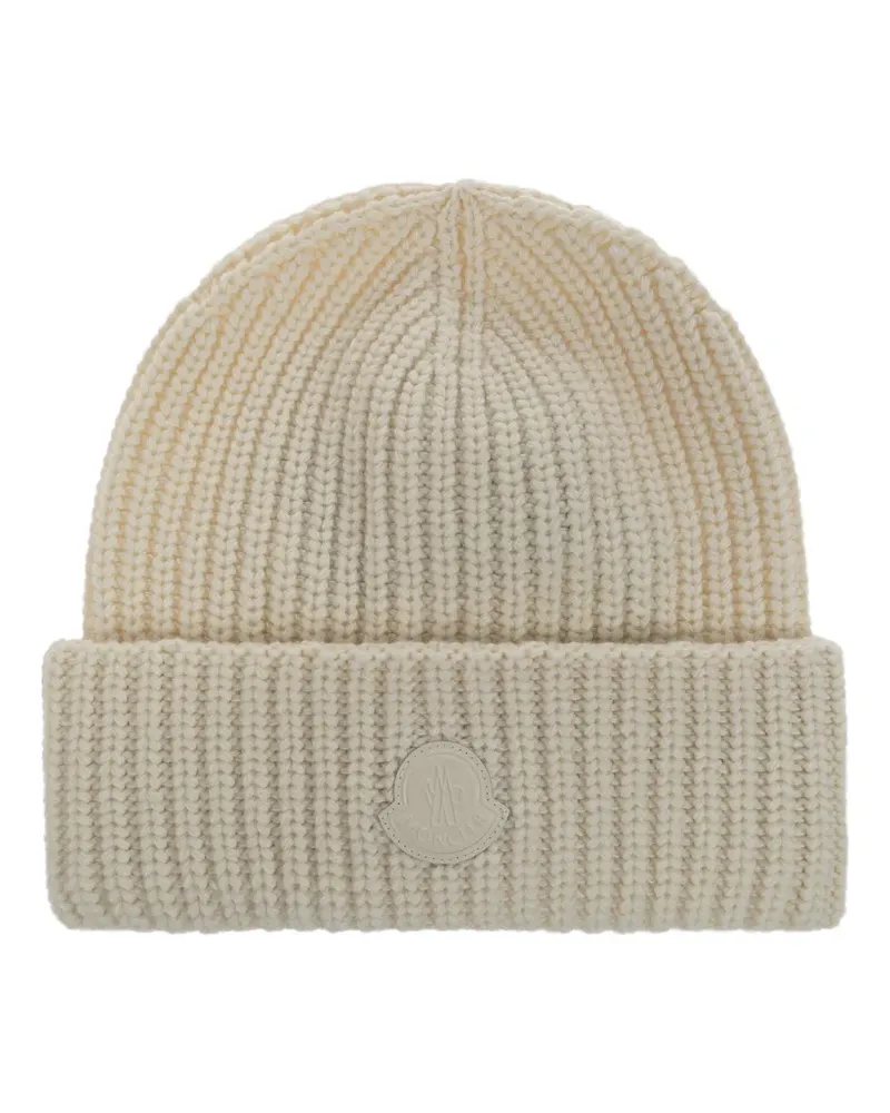 Moncler Gerippte Beanie mit Logo-Patch - Weiß Weiß
