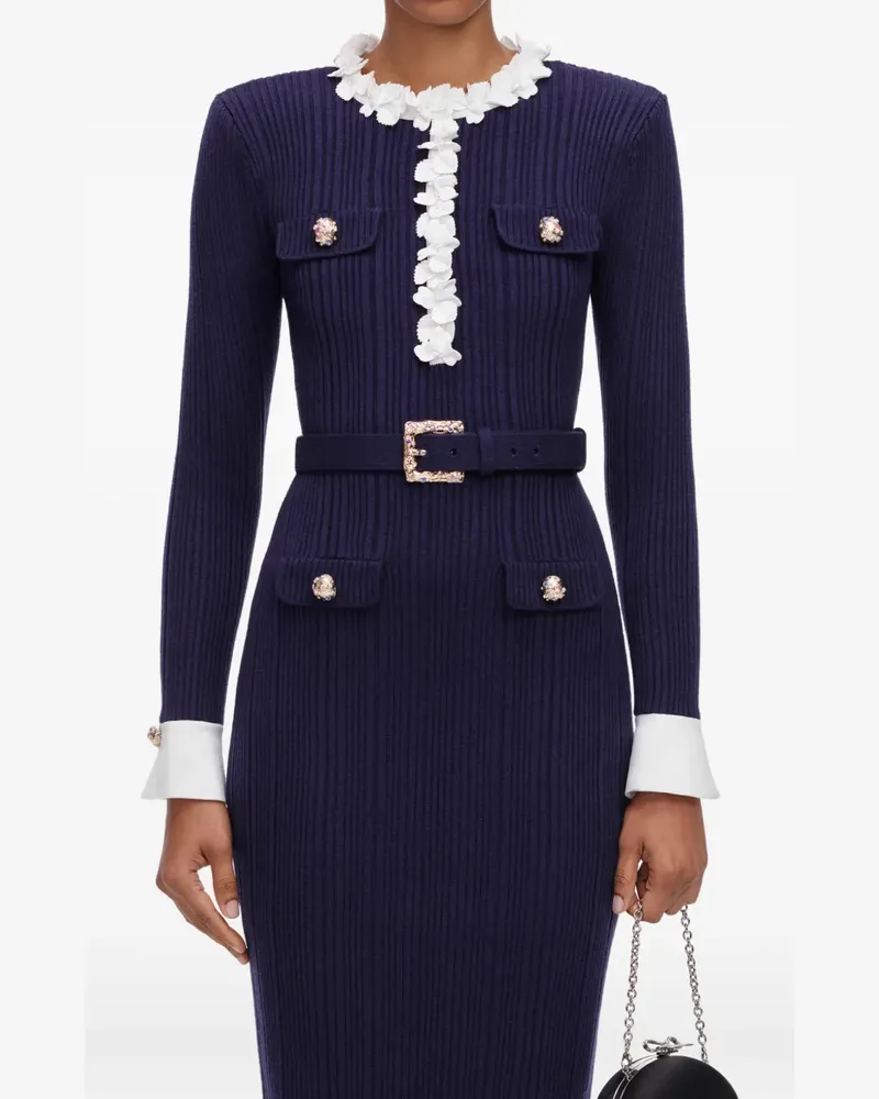 Self-Portrait Geripptes Navy Flower Midikleid - Blau Blau