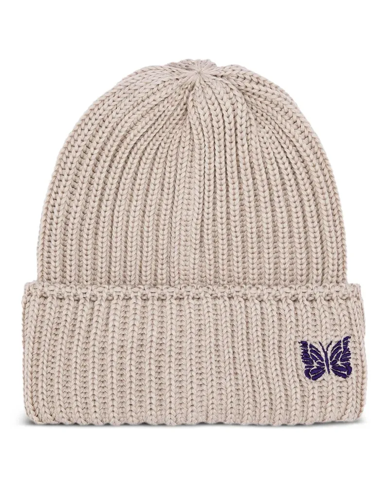 NEEDLES rib-knit embroidered-butterfly beanie - Nude Nude