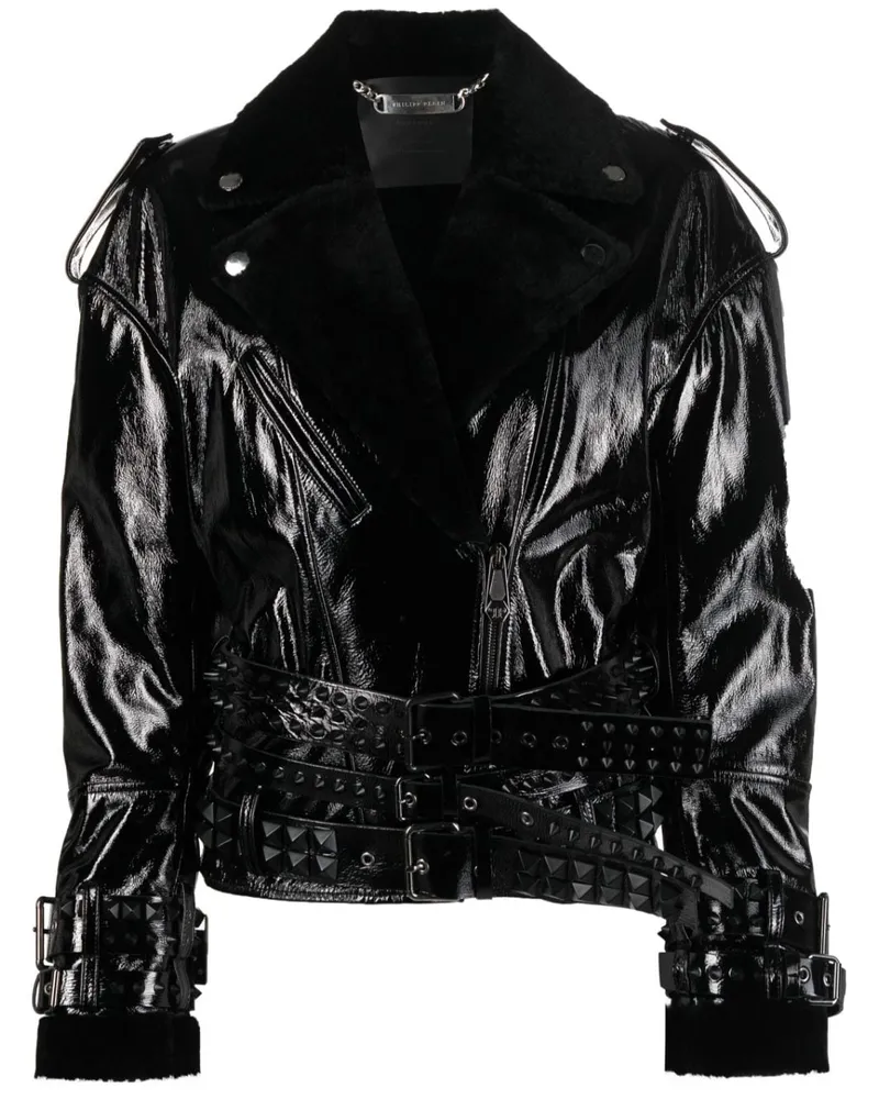 Philipp Plein Lederjacke mit Shearling-Kragen - Schwarz Schwarz