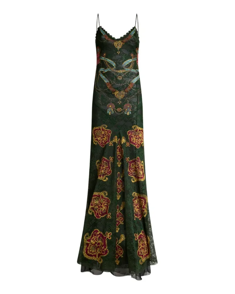 Etro Langes Jerseykleid mit Spitze und zwei platzierten Prints - Grün Grün