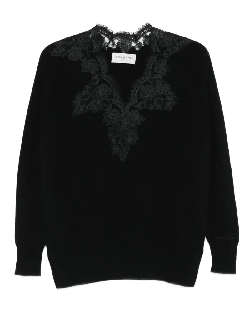Ermanno Scervino V-Ausschnitt-Pullover mit Spitzendetail - Schwarz Schwarz