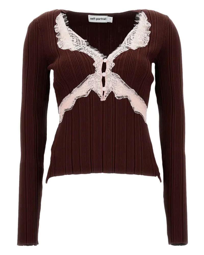 Self-Portrait Stehkragen-T-Shirt mit Spitzeneinsatz - Braun Braun