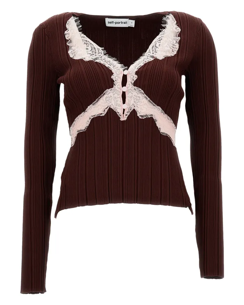 Self-Portrait lace-inserts V-neck T-shirt - Braun Braun