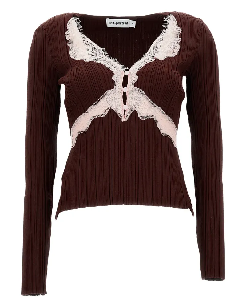 Self-Portrait lace-inserts V-neck T-shirt - Braun Braun