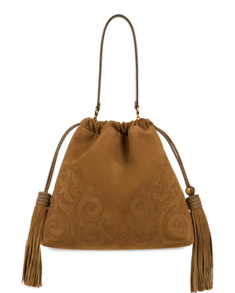 Etro Mittelgroße Kalispera Tasche aus Wildleder mit Patch und Quasten - Braun Braun