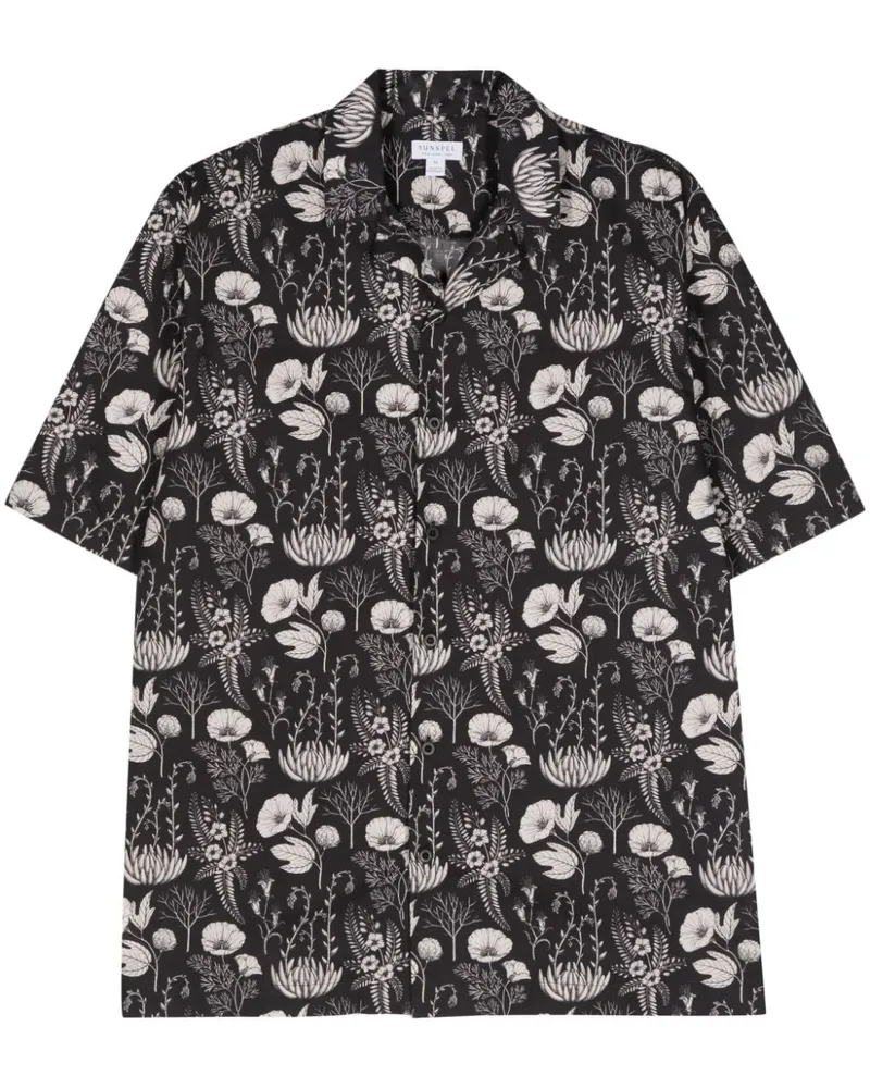 Sunspel floral-print cotton shirt Black