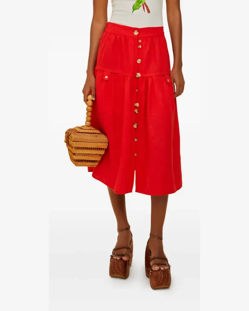 FARM Rio Gestufter Midirock mit Knöpfen - Rot Rot