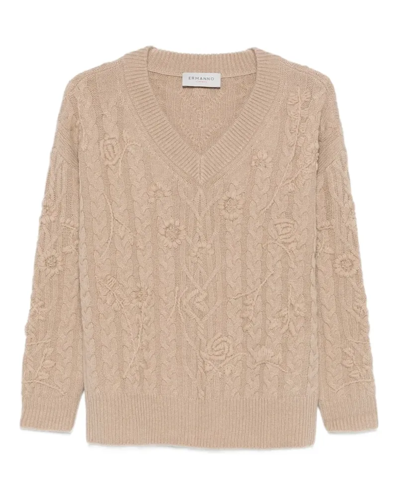Ermanno Scervino Zopfmuster-Pullover mit Blumen - Braun Braun