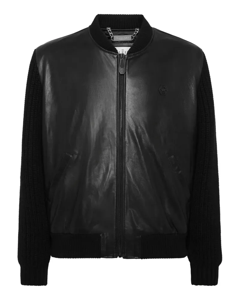 Philipp Plein Lederjacke mit gestrickten Ärmeln - Schwarz Schwarz