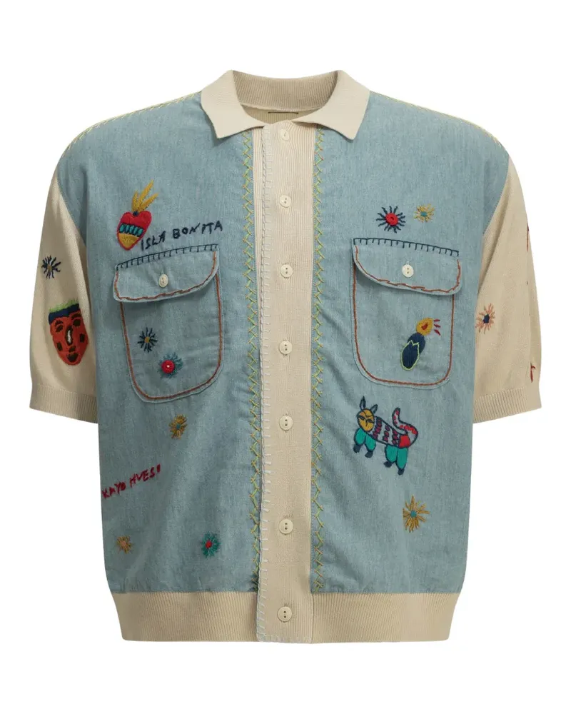 KAPITAL embroidered denim-panel polo shirt - Nude Nude