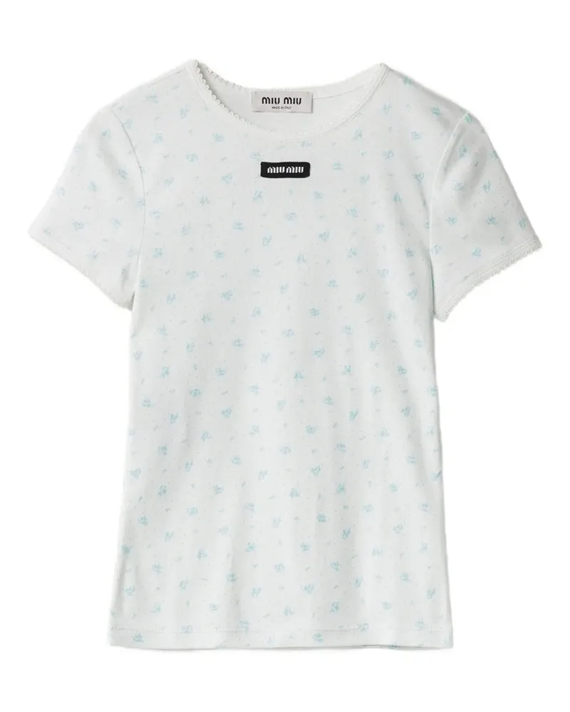 Miu Miu Logo-T-Shirt mit Blumenmuster - Weiß Weiß