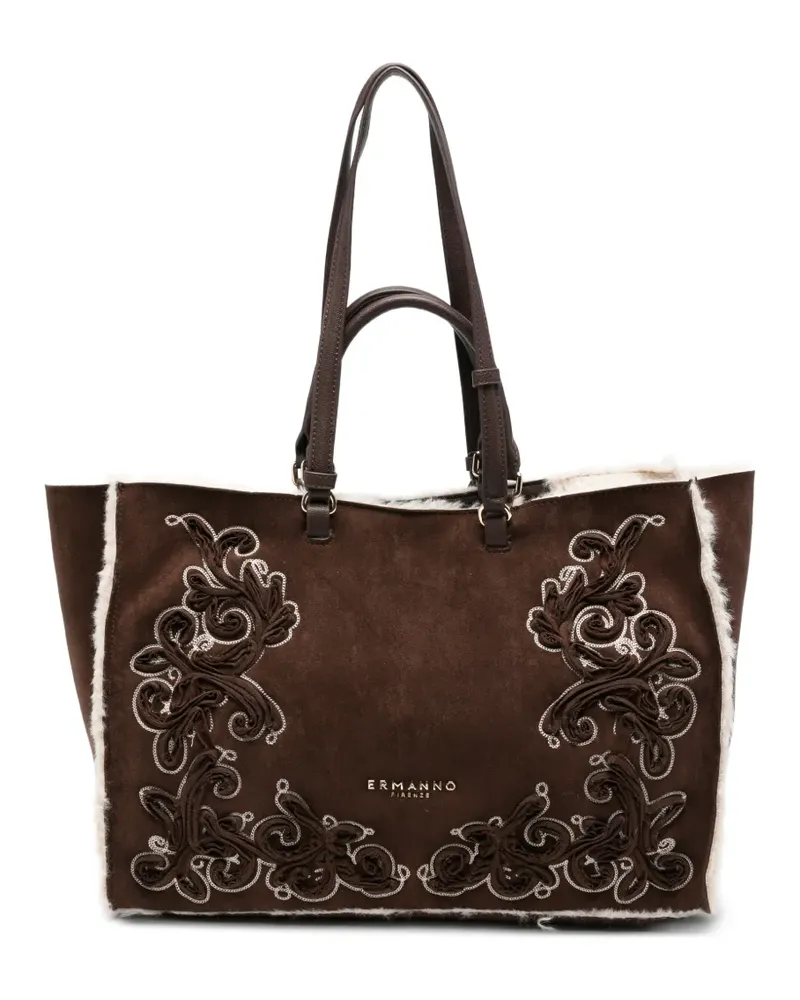 Ermanno Scervino Große bestickte Tote Bag mit Shearling-Besatz - Braun Braun