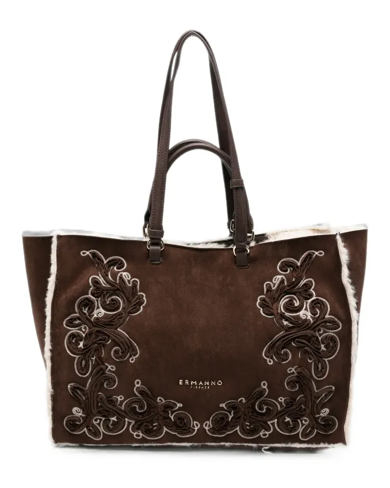 Ermanno Scervino large shearling-trim embroidered tote bag - Braun Braun