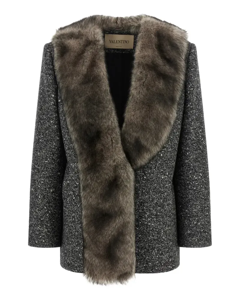 Valentino Garavani single-breasted chevron bouclé caban with shearling - Schwarz Schwarz