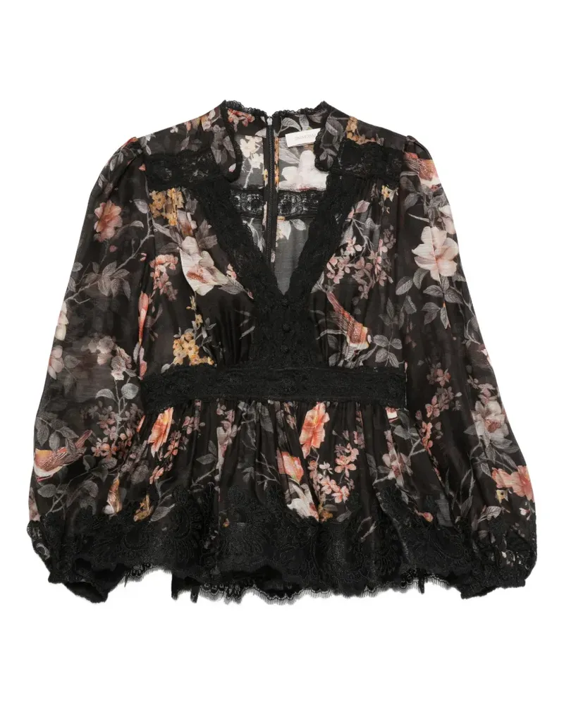 Zimmermann Carousel floral-print lace-trim blouse - Schwarz Schwarz