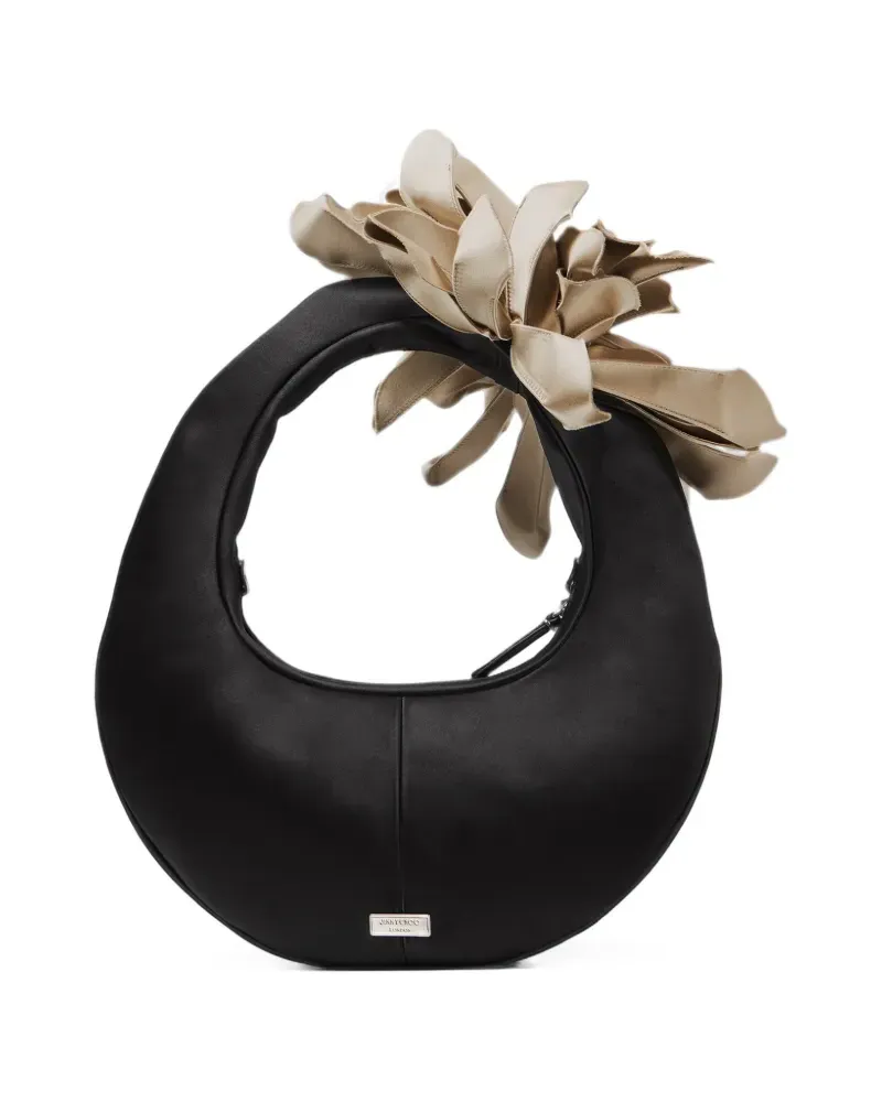 Jimmy Choo Flower black and bone satin hobo shoulder bag with oversized flower - Schwarz Schwarz