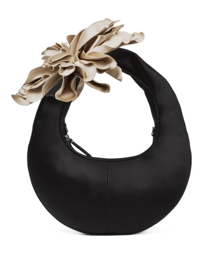 Jimmy Choo Flower Hobo-Schultertasche aus Satin in Schwarz und Cremeweiß mit übergroßer Blume Schwarz