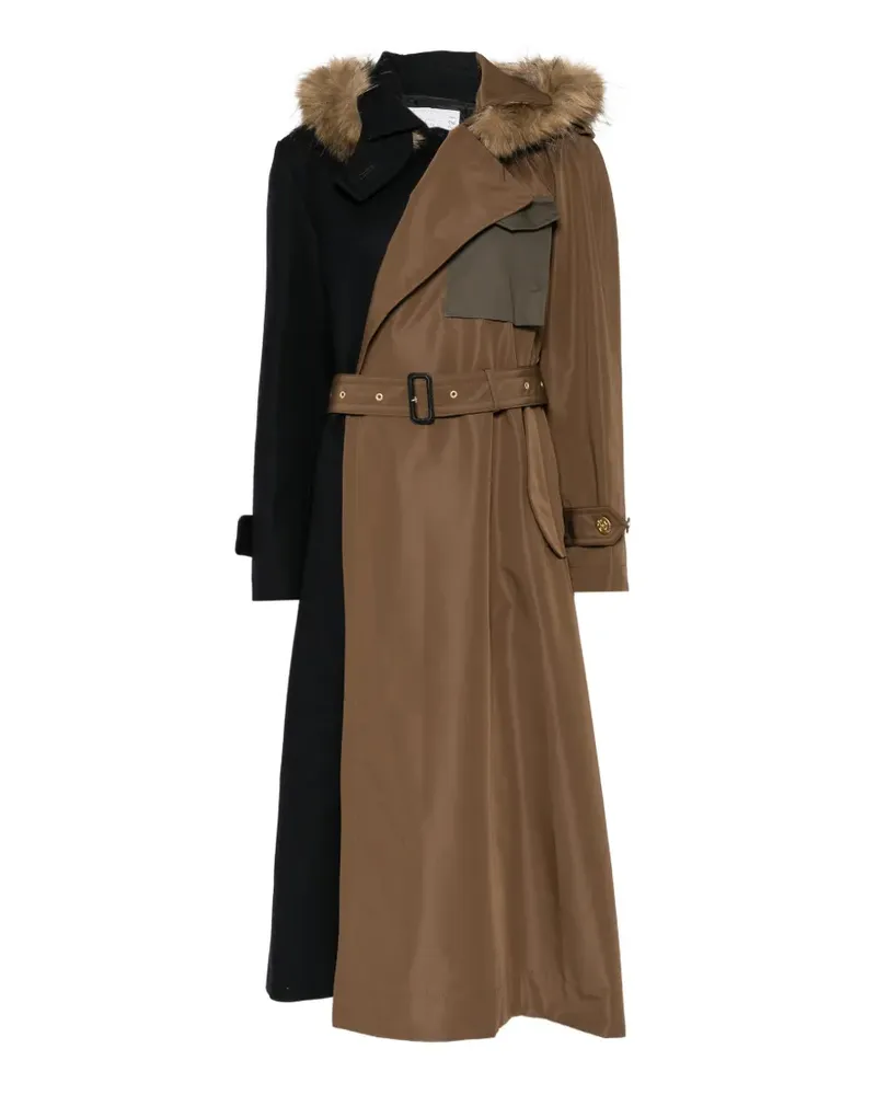 Sacai faux fur-trim belted coat - Braun Braun