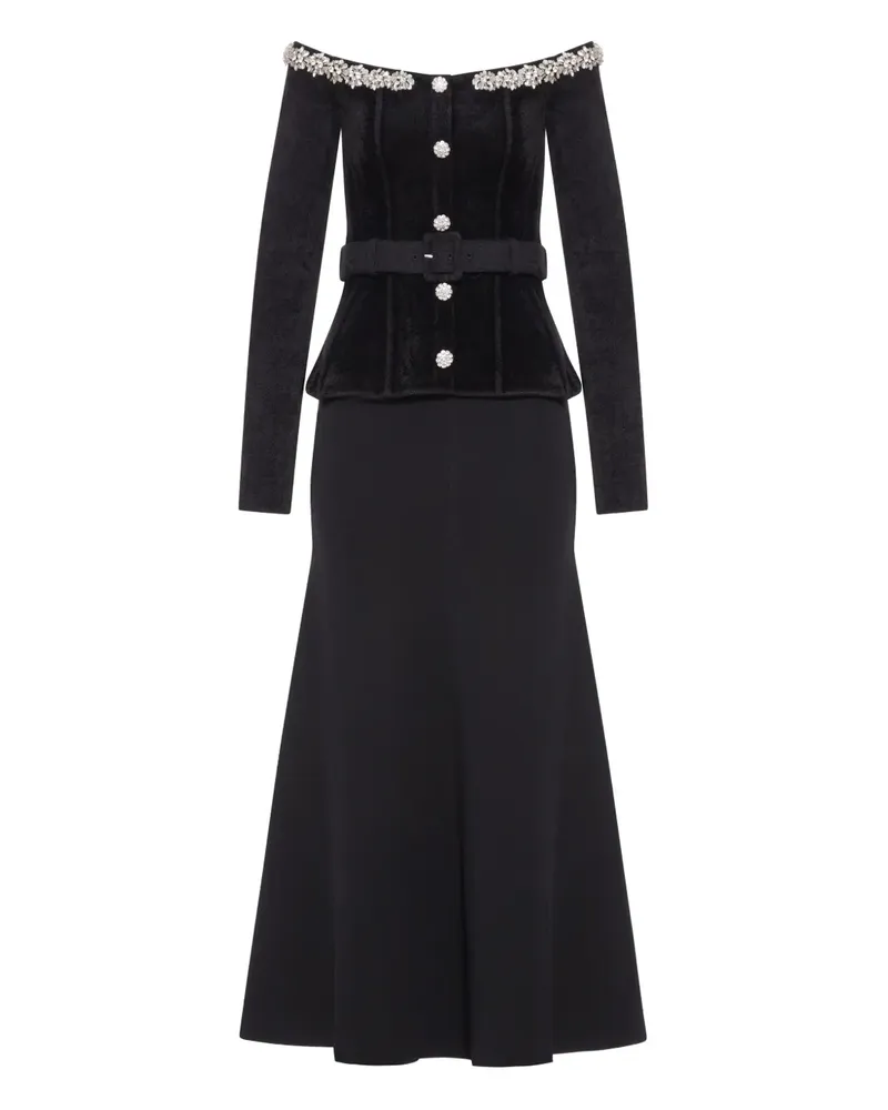 Self-Portrait Kristallverziertes Maxikleid aus Chenille mit Gürtel - Schwarz Schwarz