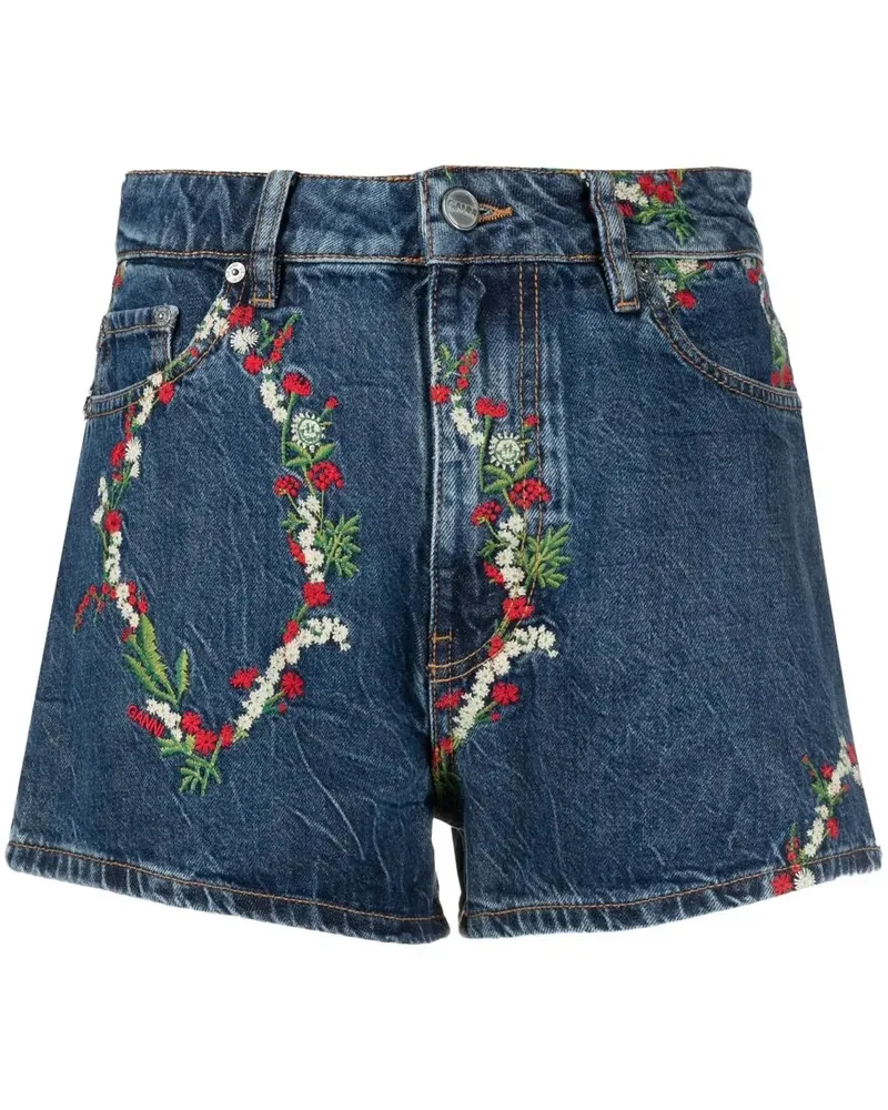Ganni Shorts mit blumiger Stickerei - Blau Blau