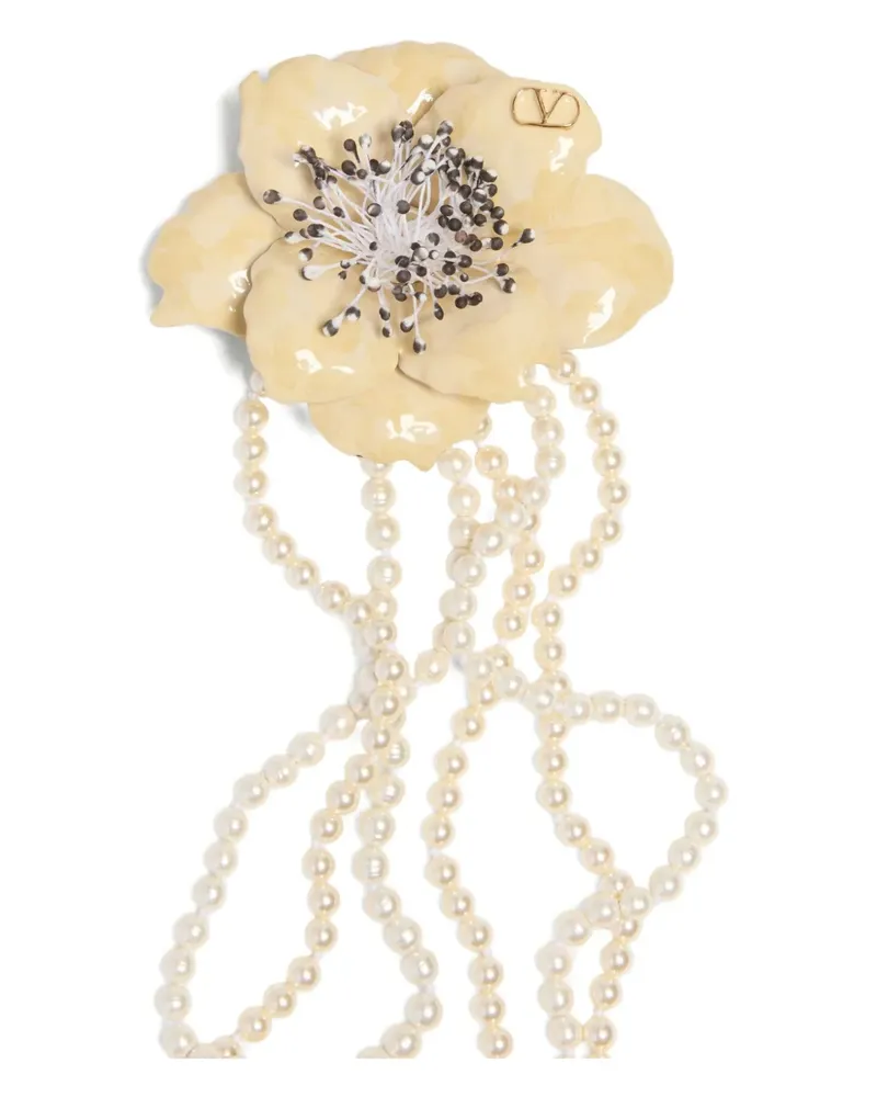 Valentino Garavani Perlenkette mit Blumenbrosche im Layering-Look - Nude Nude