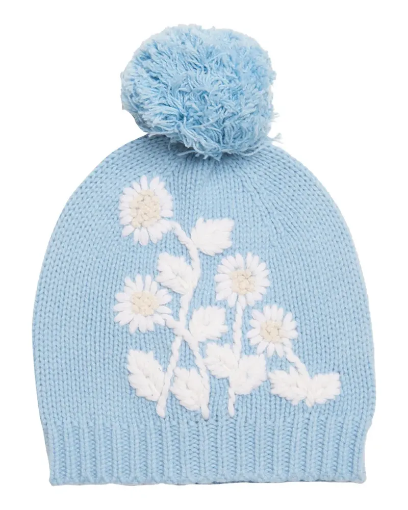 LoveShackFancy pompom floral-embroidered beanie hat - Blau Blau