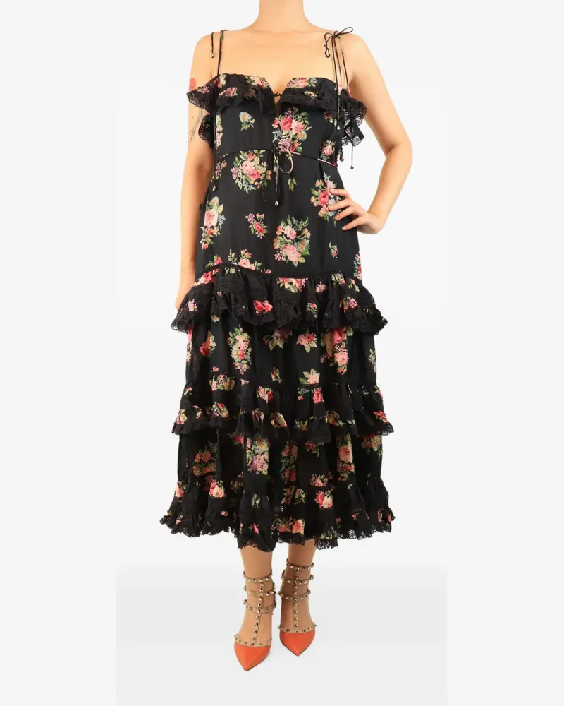 Zimmermann floral-print tiered midi dress - Schwarz Schwarz