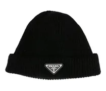 Gerippte Beanie mit Logo-Schild - Schwarz